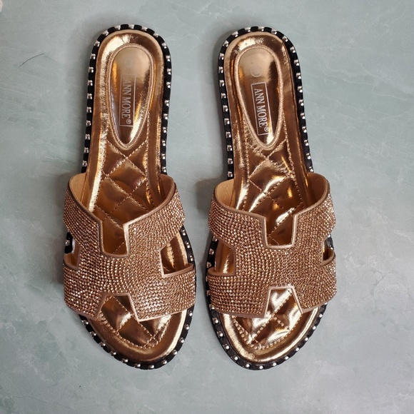 New Rose Gold Sparkle Cut-Out Slide Sandals - Picture 7 of 8